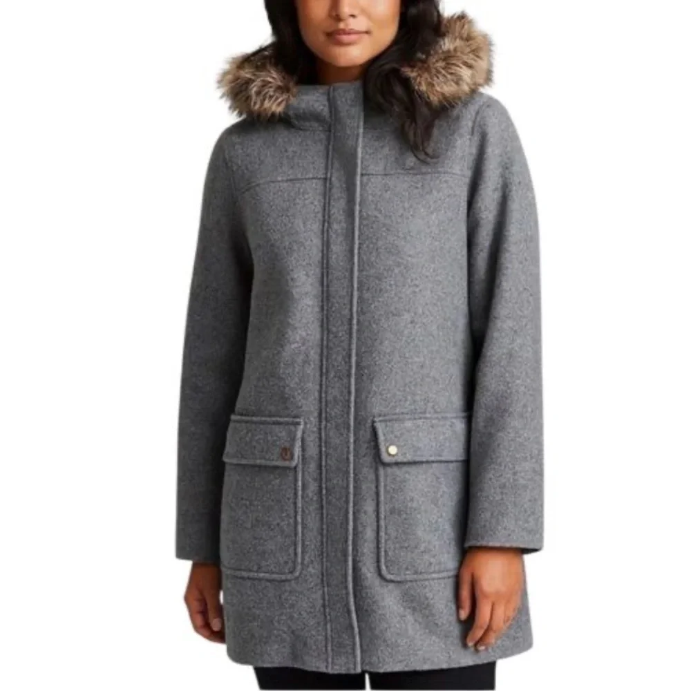 J.Crew Vail Parka Coat Wool Blend Faux Fur Hood Grey Winter Coat sz 12
